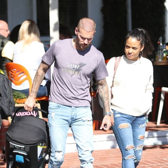 Matt Pokora et sa compagne Christina Milian se baladent avec leur fils Isaiah dans le quartier de West Hollywood à Los Angeles. La petite famille est allée déjeuner chez Fred Segal. Le 11 février 2020.©Bestimage