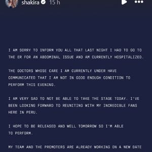 Le message de Shakira publié sur Instagram le 16 février 2025, après son hospitalisation.