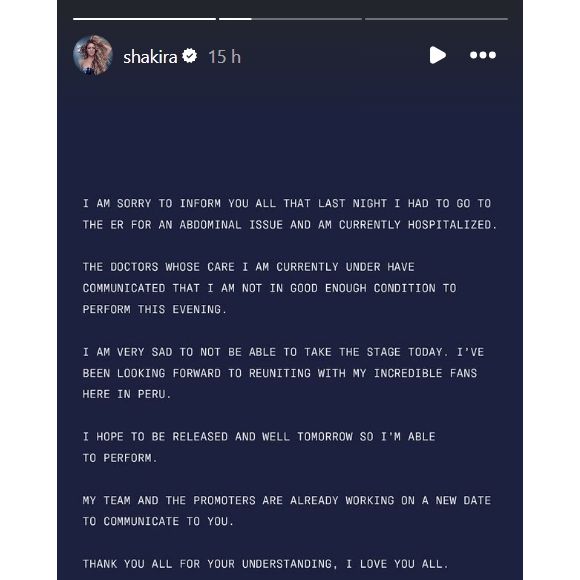 Le message de Shakira publié sur Instagram le 16 février 2025, après son hospitalisation.
