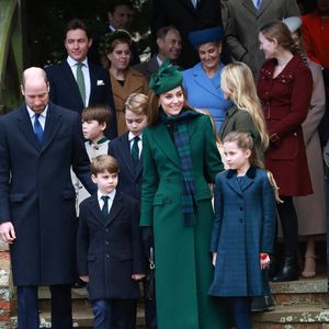 Princess Beatrice, Edoardo Mapelli Mozzi, Sophie Rhys-Jones, duchesse d'Edimbourg, le prince Edward, duc d'Edimbourg, Savannah Phillips, Catherine (Kate) Middleton, princesse de Galles, Prince Louis, Princesse Charlotte, Prince George, Le prince William, prince de Galles, Tim Laurence, Peter Phillips - La famille royale britannique se rend à la messe de Noël à Sandringham le 25 décembre 2024.