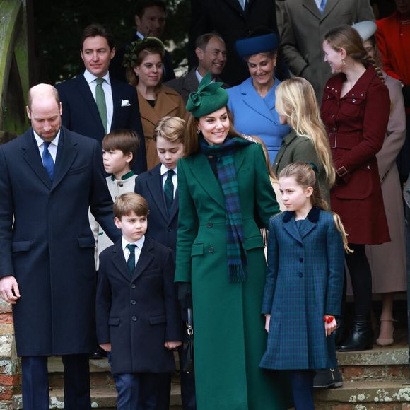 Princess Beatrice, Edoardo Mapelli Mozzi, Sophie Rhys-Jones, duchesse d'Edimbourg, le prince Edward, duc d'Edimbourg, Savannah Phillips, Catherine (Kate) Middleton, princesse de Galles, Prince Louis, Princesse Charlotte, Prince George, Le prince William, prince de Galles, Tim Laurence, Peter Phillips - La famille royale britannique se rend à la messe de Noël à Sandringham le 25 décembre 2024.
