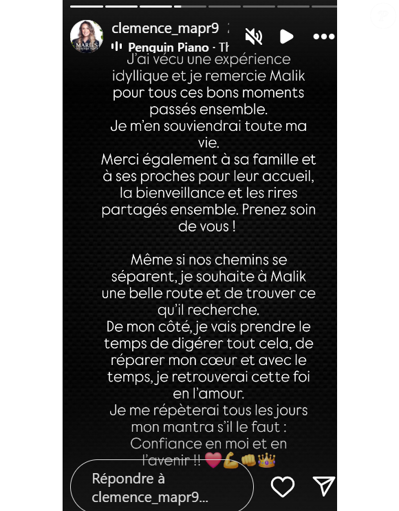 Clémence s'est exprimée sur Instagram après l'annonce de sa rupture avec Malik