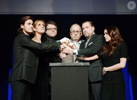 Rene-Charles Angelil, Celine Dion, Patrick Angelil, Andre Angelil, Jean-Pierre Angelil et Anne-Marie Angelil assistent à la cérémonie commémorative de Rene Angelil au Colosseum du Caesars Palace le 3 février 2016 à Las Vegas, Nevada, USA. Photo par Denise Truscello/Caesars Palace via ABACAPRESS.COM