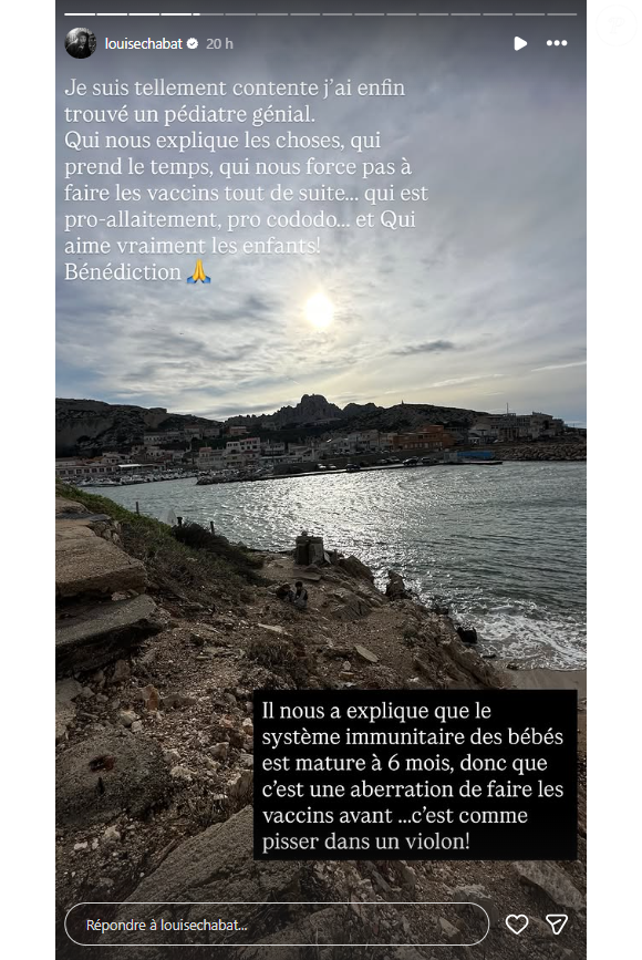 "Je suis tellement contente, j'ai enfin trouvé un pédiatre génial. Qui nous explique les choses, qui prend le temps, qui ne nous force pas à faire les vaccins tout de suite... Qui est pro-allaitement, pro co-dodo... Et qui aime vraiment les enfants ! Bénédiction. Il nous a expliqué que le système immunitaire des bébés est mature à 6 mois, donc c'est une aberration de faire les vaccins avant... c'est comme pisser dans un violon !", a rapporté Louise Chabat.

Louise Chabat se confie sur Instagram