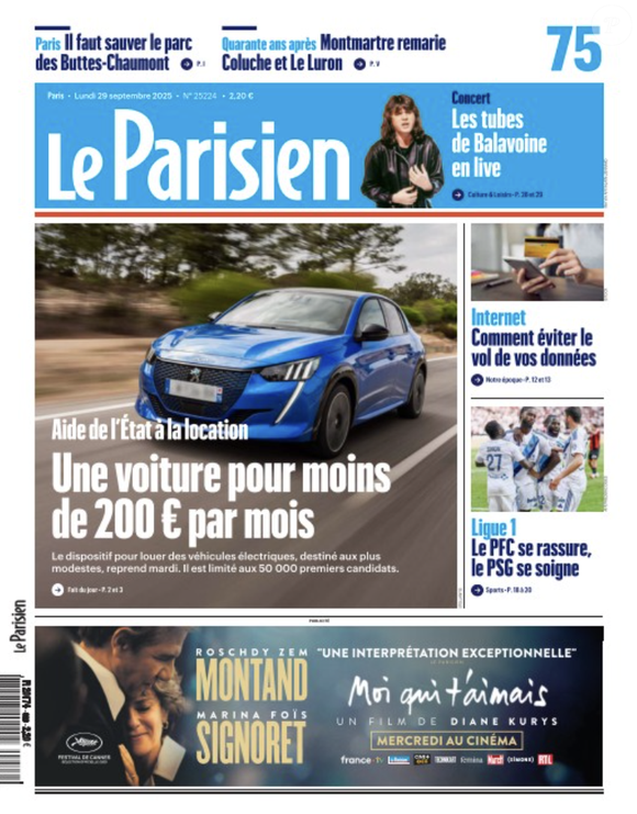 Couverture du "Parisien", en kiosque le lundi 29 septembre 2025.