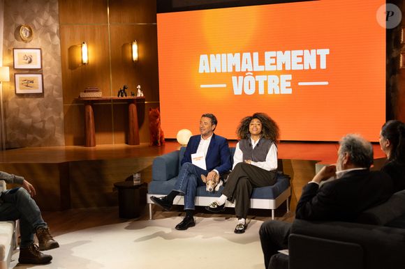 Exclusif - Bernard Montiel, Raphaël Mezrah, Oli. avec Charles Berling et Charles Edouard Fusari invités, Olivia Juriste et Sylvain Vétérinaire sur plateau de l'émission "Animalement Vôtre" présentée par Bernard Montiel et diffusée le XXX sur France 3, à Paris, France, le 12 janvier 2026. © Julien Sarkissian/Bestimage