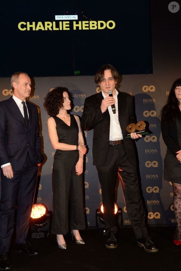 Exclusif - Xavier Romatet, Corinne Rey (Coco), Laurent Sourisseau (Riss) - Intérieur - Cérémonie des "GQ 2015, Les Hommes de l'Année" au Shangri-La Hotel à Paris, le 25 janvier 2016. © Rachid Bellak/Bestimage