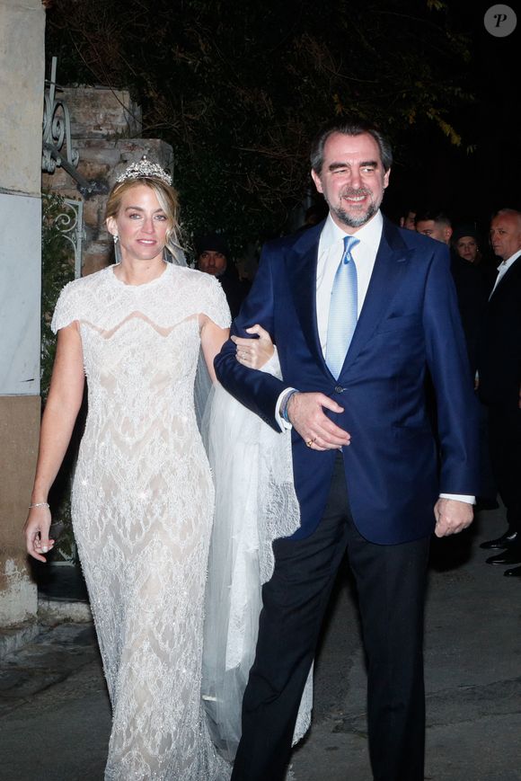 Le prince Nikolaos de Grèce et Chrysi Vardinogiannis lors de leur mariage à l'église Saint-Nicolas Ragavas dans le quartier de Plaka à Athènes, en Grèce, le 7 février 2025. Photo par Sotiris Dimitropoulos/Eurokinissi/ABACAPRESS.COM