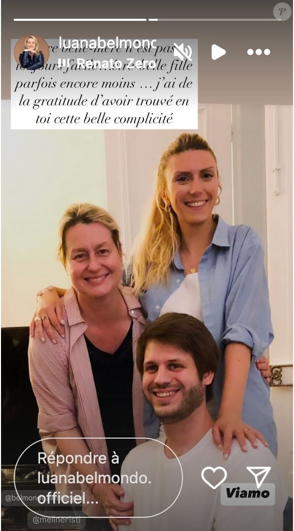 "Être belle-mère n'est pas toujours facile... Être belle-fille parfois encore moins. J'ai de la gratitude d'avoir avec toi cette belle complicité", a fait savoir Luana Belmondo via sa story Instagram. Une belle déclaration en somme !

Luana Belmondo aux côtés de sa belle fille Méliné Ristiguian et de son fils Alessandro Belmondo immortalisés sur Instagram (2025).