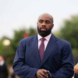 Le judoka Teddy Riner - La délégation française et les personnalités accompagnant le président de la République Emmanuel Macron lors de sa visite d'Etat de trois jours au Maroc.
© Jeanne Accorsini / Pool / Bestimage