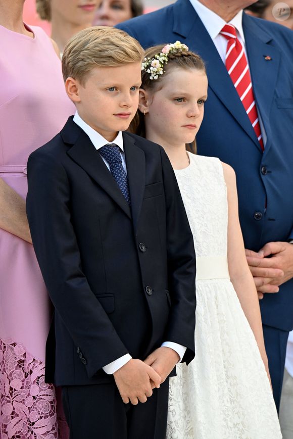 Le prince héréditaire Jacques de Monaco et sa soeur la princesse Gabriella - Célébration des 20 ans de règne du prince souverain Albert II de Monaco sur la place du Palais à Monaco, le 19 juillet 2025. © Bruno Bebert/Bestimage