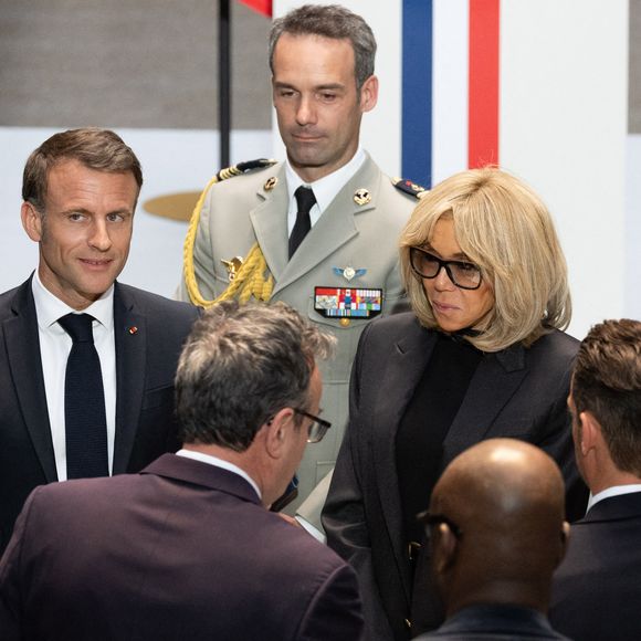 Le président Emmanuel Macron lors de l'hommage national à Maryse Condé à la Bibliothèque Nationale de France (B.N.F) à Paris le 15 avril 2024.© Raphaël Lafargue / Pool / Bestimage