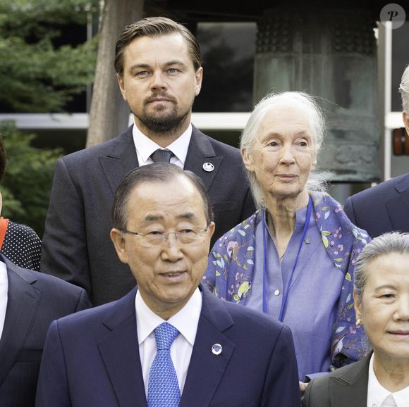 Leonardo DiCaprio, Jane Goodall, Michael Douglas, Ban Ki Moon posent lors de la cérémonie de la cloche de la paix à l'occasion du 35e anniversaire de la Journée internationale de la paix à New York City, NY, USA le 16 septembre 2016. Photo by Marcus Owen/startraks/ABACAPRESS.COM