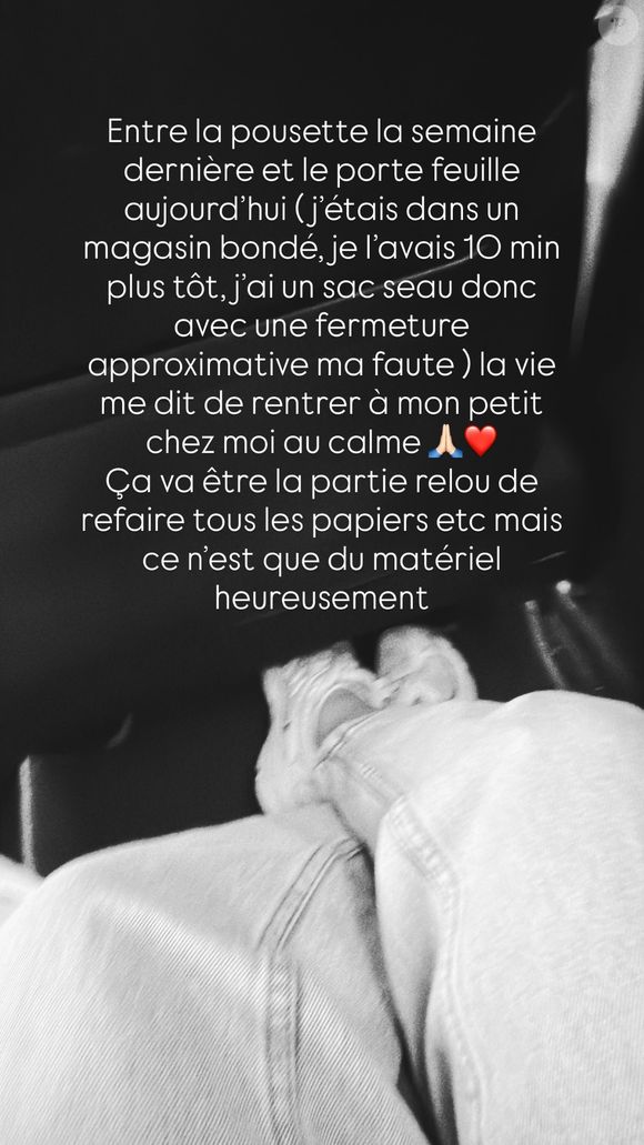 Marie Denigot explique à ses fans sur Instagram qu'elle s'est fait voler sa poussette.