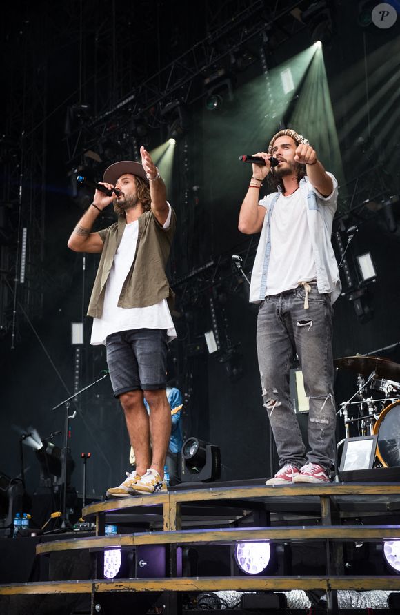 Jeremy Frerot et Florian Garcia de Frero Delavega se produisent en concert au Paléo Festival de Nyon, en Suisse, le 23 juillet 2016. Photo par Loona/ABACAPRESS.COM