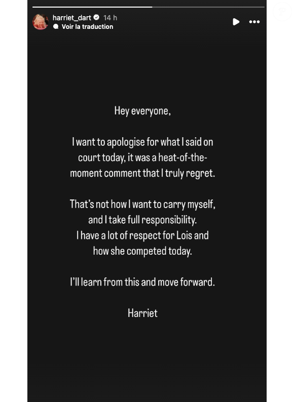 “Je souhaite m’excuser pour ce que j’ai dit sur le terrain aujourd’hui, c’était une réaction à chaud que je regrette”, s’est excusée Harriet Dart

Harriet Dart