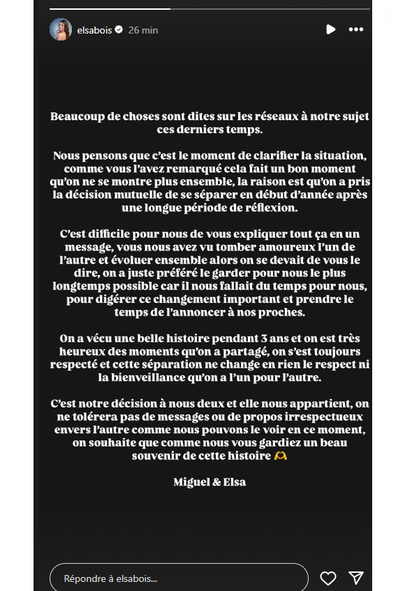 Elsa Bois et Michou ont annoncé leur rupture en story Instagram, le 17 février 2025