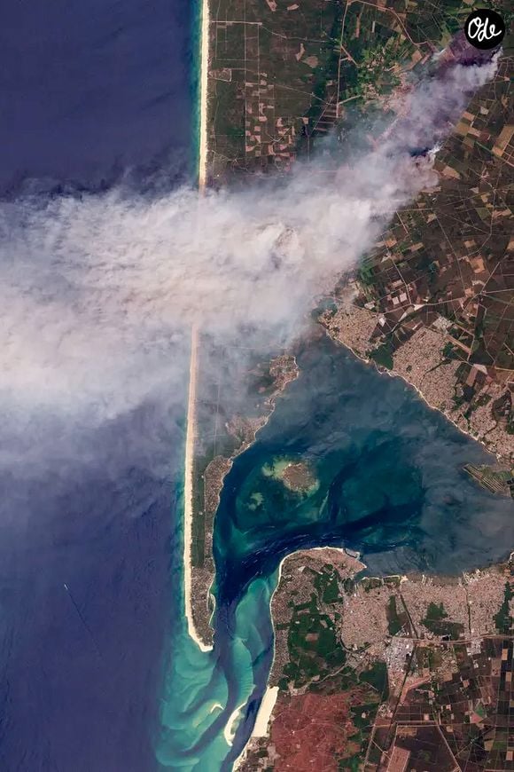 Incendie en Gironde: photos satellites du l'immense nuage de fumée au-dessus du Porge et de Lège-Cap Ferret, France, le 24 juillet 2026. © PLANET LABS PBC/Bestimage
