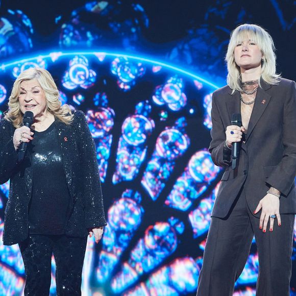 Exclusif - Nicoletta et Stephane lors de l’enregistrement de l’émission “Les stars s’unissent pour le Sidaction” au théâtre Marigny à Paris, France, le 11 mars 2025. L’émission sera diffusée en prime le 22 mars sur France 2. © Guirec-Moreau/ Bestimage