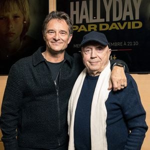 Exclusif - David Hallyday et Michel Mallory lors de la projection du film documentaire "Hallyday par David" dans les locaux de la chaîne de télévision française M6 à Paris, France le 1er décembre 2025. Première du documentaire "Hallyday par David" qui sera diffusé le mercredi 10 décembre à 21h10 sur M6. En présence de David Hallyday et de sa famille.. Photo par Alexis Jumeau/ABACAPRESS.COM