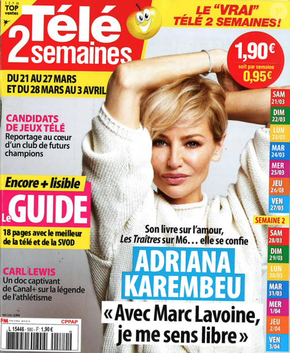 Adriana Karembeu en couverture de "Télé 2 semaines", programmes du 21 au 27 mars et du 28 mars au 3 avril 2026.