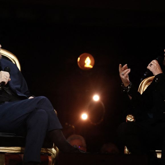 Exclusif - Serge Lama, Florent Pagny lors de l'enregistrement de l'émission "Serge Lama, le dernier rappel" présentée par F. Bollaert, diffusée le vendredi 21 novembre 2025 sur France 3 à 21h10, au théâtre Marigny à Paris, France, le 29 avril 2025. © Clovis-Moreau/Bestimage