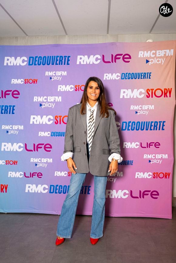 Karine Ferri lors de la conférence de presse de rentrée des chaînes du groupe RMC-BFM à Paris, le 17 septembre 2025. 
© Pierre Perusseau / Bestimage