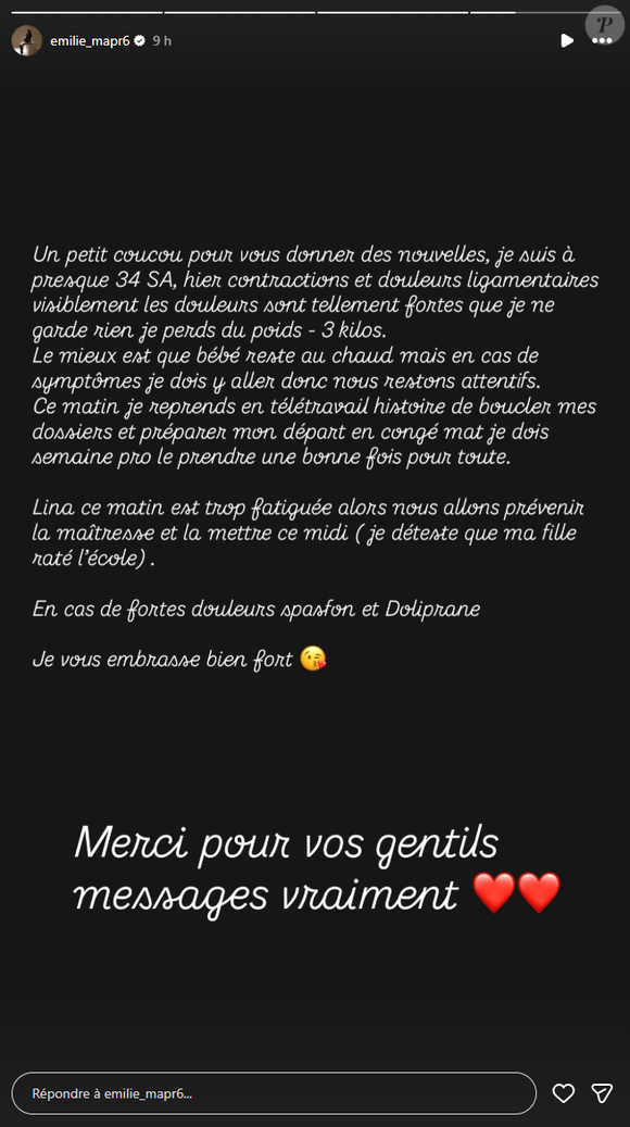 A quelques semaines voire jours de son accouchement, Emilie est rentrée chez elle avec pour consigne de revenir en cas de fortes douleurs.

Emilie (Mariés au premier regard), enceinte, file à l'hôpital après des contractions.