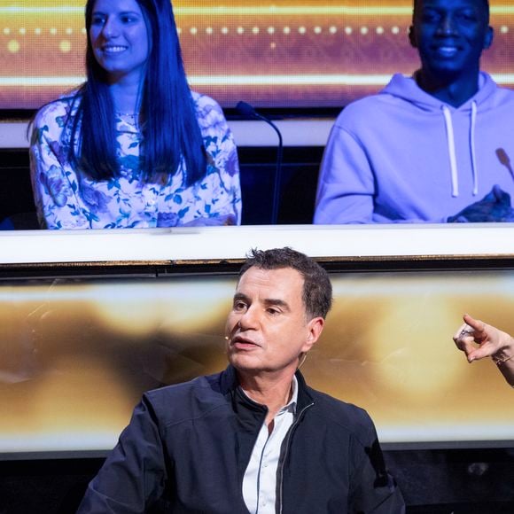 Exclusif - Fabienne Carat, Laurent Luyat, Natasha St-Pier lors de l'enregistrement de l'émission "100% logique" présentée par C. Feraud et qui sera diffusée le 11 octobre 2025 au Studio du Lendit à Saint-Denis, France, le 8 mars 2025. © Cyril Moreau/Bestimage