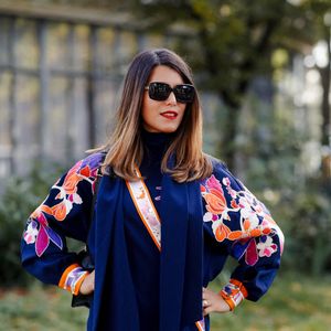 Street style : Karine Ferri à l'arrivée au défilé de prêt-à-porter printemps-été 2020 de Leonard, qui s'est tenu au Palais de Tokyo, à Paris, en France, le 27 septembre 2019. Photo de Marie-Paola Bertrand-Hillion/ABACAPRESS.COM
