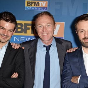 Christophe Hondelatte, Philippe Gaudin et Dominique Mari lors de la conférence de presse annuelle de BFM qui s'est tenue au Pavillon Kleber à Paris, France, le 27 août 2014. Photo par Pascal Baril/Planete Bleue Images/ABACAPRESS.COM