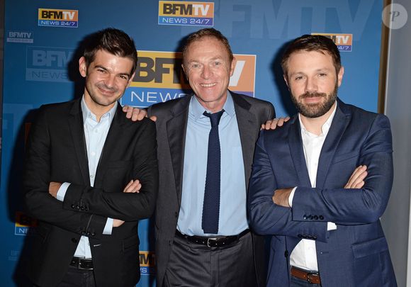 Christophe Hondelatte, Philippe Gaudin et Dominique Mari lors de la conférence de presse annuelle de BFM qui s'est tenue au Pavillon Kleber à Paris, France, le 27 août 2014. Photo par Pascal Baril/Planete Bleue Images/ABACAPRESS.COM