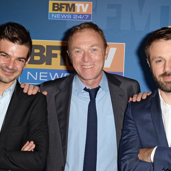 Christophe Hondelatte, Philippe Gaudin et Dominique Mari lors de la conférence de presse annuelle de BFM qui s'est tenue au Pavillon Kleber à Paris, France, le 27 août 2014. Photo par Pascal Baril/Planete Bleue Images/ABACAPRESS.COM