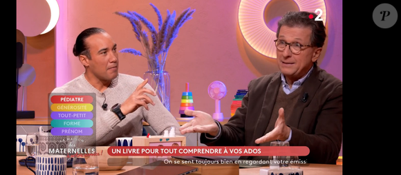 Laurent Maistret (ancien candidat de Koh-Lanta) et Arnault Pfersdorff sur le plateau de "La maison des maternelles" sur France 2 le 7 février 2025.