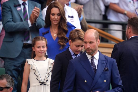 Le Prince et la Princesse de Galles avec le Prince George et la Princesse Charlotte dans la Royal Box le quatorzième jour des Championnats de Wimbledon 2025 au All England Lawn Tennis and Croquet Club, Londres, Royaume-Uni, le 13 juillet 2025. Photo by Adam Davy/PA Wire/ABACAPRESS.COM