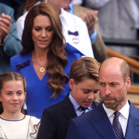 Le Prince et la Princesse de Galles avec le Prince George et la Princesse Charlotte dans la Royal Box le quatorzième jour des Championnats de Wimbledon 2025 au All England Lawn Tennis and Croquet Club, Londres, Royaume-Uni, le 13 juillet 2025. Photo by Adam Davy/PA Wire/ABACAPRESS.COM
