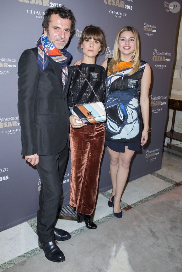 Eric Lartigau, Marina Foïs et Louane Emera (veste et jupe Dior, sac Diorama de Dior) - Photocall de la soirée des "Révélations César 2015" au salon Chaumet à Paris le 12 janvier 2015. OLIVIER BORDE / BESTIMAGE