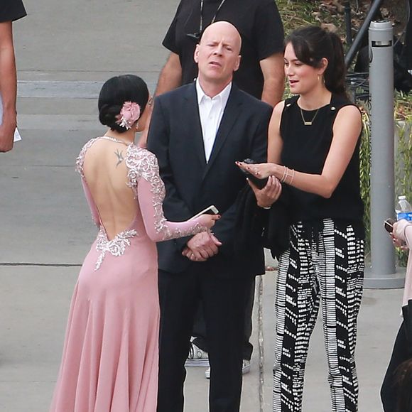 Exclusif - Bruce Willis et sa femme Emma Heming, Rumer Willis - Bruce Willis et son ex-femme Demi Moore sont venus soutenir leur fille Rumer, qui participe à la nouvelle saison de l’émission  "Dancing with the Stars" à Hollywood le 16 mars 2015. FAMEFLYNET / BESTIMAGE