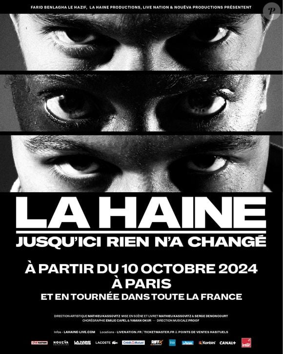 La Seine Musicale propose une adaptation audacieuse du film culte de Mathieu Kassovitz, La Haine, en comédie musicale nouvelle génération.
Affiche de la comédie musicale "La Haine" jusqu'au 5 janvier à la Seine Musicale puis en tournée en 2025 partout en France.