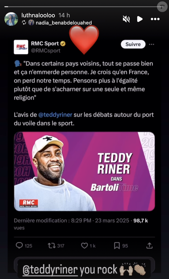 Teddy Riner peut compter sur le soutien de sa compagne Luthna Plocus, comme elle l’a montré sur Instagram