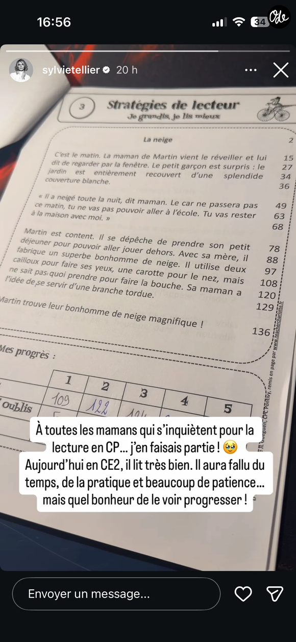 Sylvie Tellier a pris la parole sur Instagram pour annoncer que son fils était enfin parvenu à maîtriser la lecture parfaitement. Capture d"écran Instagram