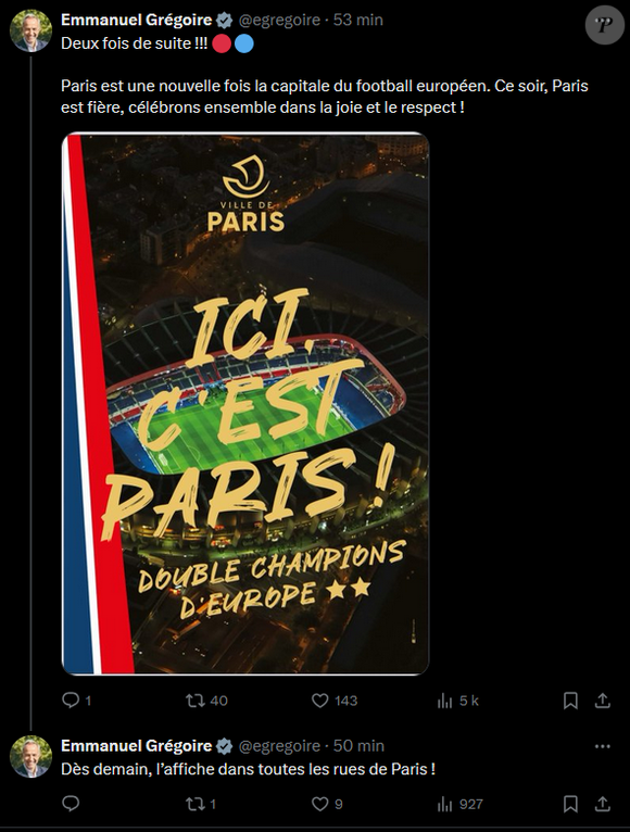 Emmanuel Grégoire dévoile l'affiche qu'il va placarder dans les rues de Paris après la victoire du PSG à la Ligue des Champions le 30 mai 2026 - X