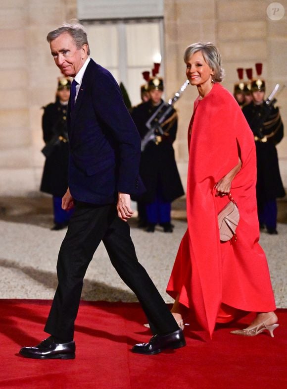 Bernard Arnault et sa femme Hélène Mercier au dîner d’état donné en l’honneur du président de l’Ouzbékistan au palais présidentiel de l’Elysée, à Paris, France, le 12 mars 2025. © Christian Liewig/Bestimage