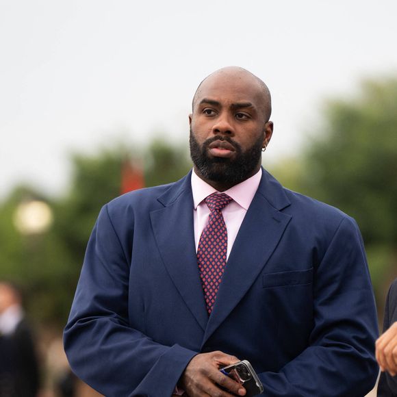 Le judoka Teddy Riner - La délégation française et les personnalités accompagnant le président de la République Emmanuel Macron lors de sa visite d'Etat de trois jours au Maroc. 
© Jeanne Accorsini / Pool / Bestimage