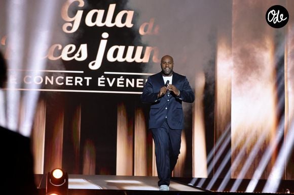 Teddy Riner sur la scène du "Gala des pièces jaunes, le concert événement" à La Défense Arena à Nanterre le 23 janvier 2025.
© Jacovides / Moreau / Bestimage