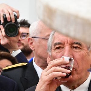 Le Premier ministre François Bayrou et le député Franck Riester participent au 58ème Salon international des fromages et des vins à Coulommiers, France, le 11 avril 2025. © Christian Liewig/Bestimage