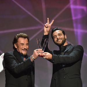 Johnny Hallyday et Yodelice aka Maxime Nucci lors de la 31e cérémonie des Victoires de la Musique qui s'est tenue au Zénith de Paris, France, le 12 février 2016. Photo by ABACAPRESS.COM