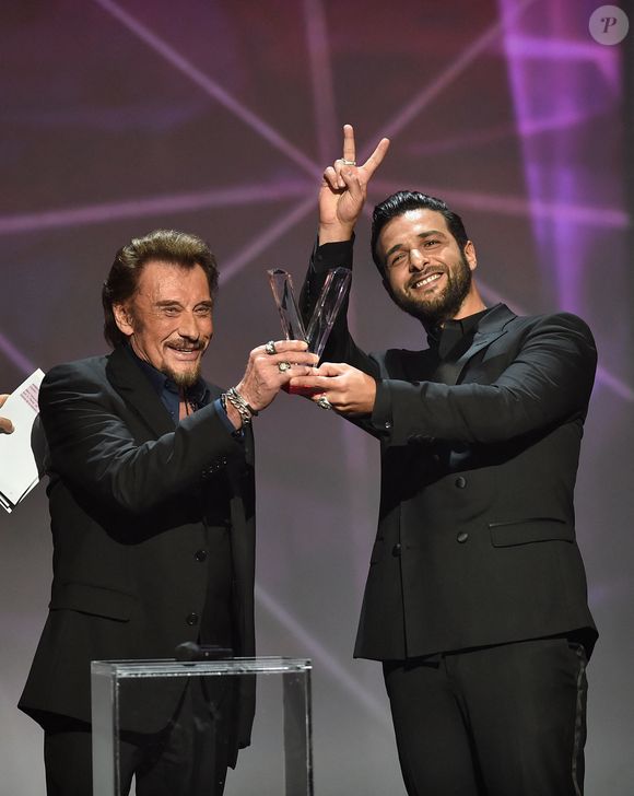 Johnny Hallyday et Yodelice aka Maxime Nucci lors de la 31e cérémonie des Victoires de la Musique qui s'est tenue au Zénith de Paris, France, le 12 février 2016. Photo by ABACAPRESS.COM