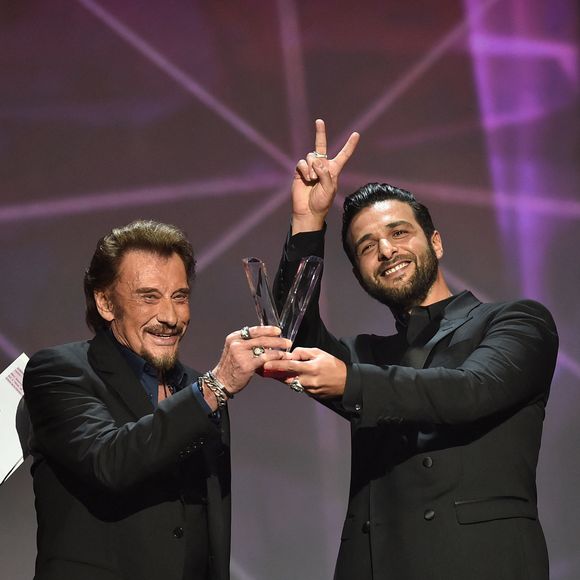 Johnny Hallyday et Yodelice aka Maxime Nucci lors de la 31e cérémonie des Victoires de la Musique qui s'est tenue au Zénith de Paris, France, le 12 février 2016. Photo by ABACAPRESS.COM