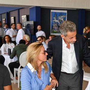 Exclusif - Roschdy Zem, Sarah Poniatowski , Nicolas Sarkozy et Serge Varsano, PDG de Sucres et Denréesdans l'Espace VIP lors de la 9ème édition du "Longines Paris Eiffel Jumping" au Champ de Mars à Paris, France, le 25 juin 2023. © Perusseau-Veeren/Bestimage